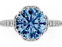 Fancy Blue Round Cut Diamond Halo Ring Set in Platinum with Channel Set Band and Prong Setting