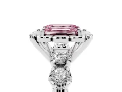 Fancy Pink Emerald Cut Diamond Floral Halo Ring Set in Platinum with Shared Prong Band