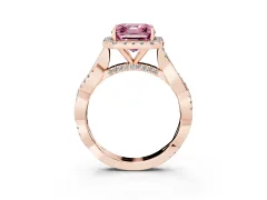 Fancy Pink Asscher Cut Diamond Halo Twist Band Solitaire Ring Set in Rose gold with Prong Setting