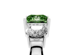Fancy Green Princess Cut Diamond Three-Stone Ring Set in White gold with Round Side Stones and Classic Band