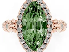 Fancy Green Marquise Cut Diamond Halo Ring Set in Rose gold with Filigree Leaf Band and Prong Setting