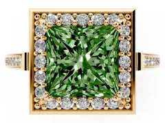 Fancy Green Princess Cut Diamond Halo Ring Set in Yellow gold with Accent-Lined Split Shank and Prong Setting