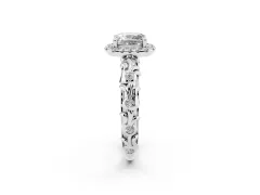 Cushion Cut Diamond Halo Ring Set in Platinum with Filigree Leaf Band and Prong Setting