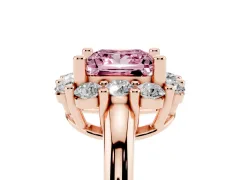 Fancy Pink Princess Cut Diamond Halo Cluster Engagement Ring Set in Rose gold with Polished Band and Prong Setting