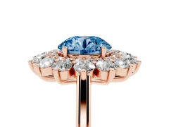 Fancy Blue Round Cut Diamond Floral Double Halo Ring Set in Rose gold with Round Petals