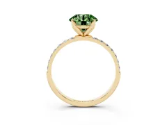 Fancy Green Round Cut Diamond Solitaire Engagement Ring Set in Yellow gold with Round Pavé Band and Prong Setting