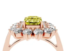 Fancy Yellow Emerald Cut Diamond Floral Double Halo Ring Set in Rose gold with Round Petals