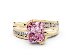 Fancy Pink Radiant Cut Diamond Solitaire Ring Set in Yellow gold with Channel Set Split Shank and Tension Prongs