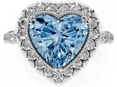 Fancy Blue Heart Cut Diamond Halo Ring Set in White gold with Pavé Shank and Prong Setting