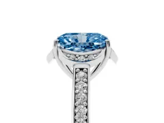Fancy Blue Radiant Cut Diamond Halo Ring Set in Platinum with Channel Set Band and Prong Setting
