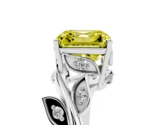 Fancy Yellow Asscher Cut Diamond Solitaire Twist Engagement Ring Set in White gold with Pavé Leaf Accents
