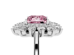 Fancy Pink Princess Cut Diamond Floral Double Halo Ring Set in White gold with Round Petals