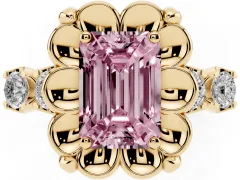 Fancy Pink Emerald Cut Diamond Floral Halo Ring Set in Yellow gold with Shared Prong Band