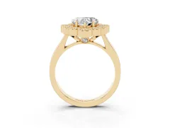 Heart Cut Diamond Cluster Halo Ring Set in Yellow gold with Milgrain Bezel Accents and Plain Band