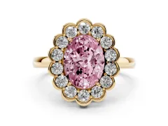 Fancy Pink Oval Cut Diamond Halo Cluster Engagement Ring Set in Yellow gold with Solitaire Band and Prong Setting