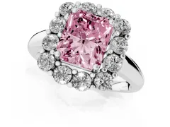 Fancy Pink Radiant Cut Diamond Halo Cluster Engagement Ring Set in Platinum with Polished Band and Prong Setting