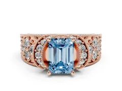 Fancy Blue Emerald Cut Diamond Milgrain Halo Pavé Engagement Ring Set in Rose gold with Prong Setting