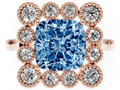 Fancy Blue Cushion Cut Diamond Cluster Halo Ring Set in Rose gold with Milgrain Bezel Accents and Plain Band