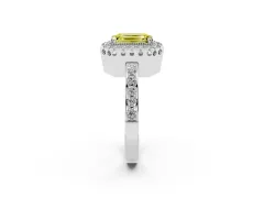 Fancy Yellow Emerald Cut Diamond Halo Ring Set in Platinum with Pavé Shank and Prong Setting