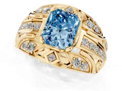 Fancy Blue Radiant Cut Diamond Art Deco Ring Set in Yellow gold with Pavé Split Shank