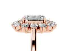 Emerald Cut Diamond Floral Double Halo Ring Set in Rose gold with Round Petals
