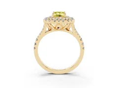 Fancy Yellow Emerald Cut Diamond Double Halo Ring Set in Yellow gold with Pavé Split Shank and Prong Setting