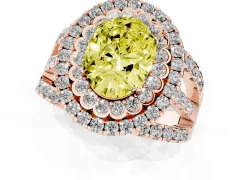 Fancy Yellow Oval Cut Diamond Double Halo Ring Set in Rose gold with Round Pavé Split Shank