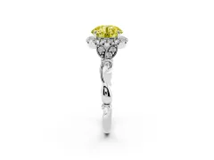 Fancy Yellow Round Cut Diamond Halo Engagement Ring Set in Silver with Vintage-Inspired Band and Prong Setting