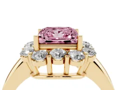 Fancy Pink Princess Cut Diamond Milgrain Halo Solitaire Ring Set in Yellow gold with Bezel Set Side Stones and Pavé Band