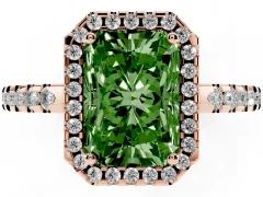 Fancy Green Radiant Cut Diamond Halo Ring Set in Rose gold with Pavé Shoulders and Halo-Framed Center