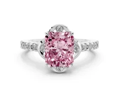 Fancy Pink Radiant Cut Diamond Solitaire Ring Set in White gold with Pavé Band and Floral Prong Setting
