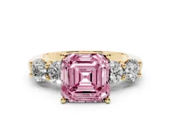 Fancy Pink Asscher Cut Diamond Five-Stone Prong Set Ring Set in Yellow gold with Classic Band