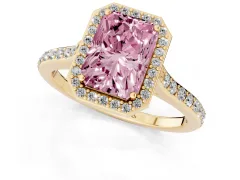 Fancy Pink Radiant Cut Diamond Halo Engagement Ring Set in Yellow gold with Round Pavé Shoulders and Heart Gallery
