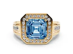 Fancy Blue Asscher Cut Diamond Halo Ring Set in Yellow gold with Pavé and Bezel Accent Split Shank
