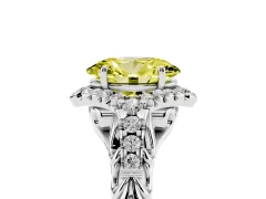 Fancy Yellow Oval Cut Diamond Solitaire Ring Set in White gold with Hidden Halo and Pavé Band