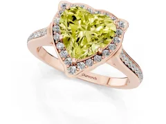 Fancy Yellow Heart Cut Diamond Halo Ring Set in Rose gold with Pavé-Lined Shoulders and Prong Setting