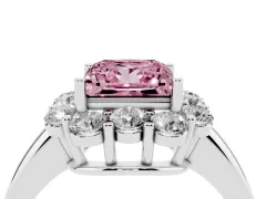 Fancy Pink Princess Cut Diamond Milgrain Halo Solitaire Ring Set in White gold with Bezel Set Side Stones and Pavé Band
