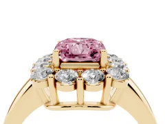 Fancy Pink Radiant Cut Diamond Halo Cluster Engagement Ring Set in Yellow gold with Polished Band and Prong Setting