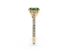 Fancy Green Emerald Cut Diamond Solitaire Ring Set in Yellow gold with Brilliant Pavé Band and Prong Setting