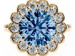 Fancy Blue Round Cut Diamond Halo Cluster Engagement Ring Set in Yellow gold with Solitaire Band and Prong Setting