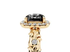 Fancy Black Cushion Cut Diamond Halo Ring Set in Yellow gold with Filigree Leaf Band and Prong Setting