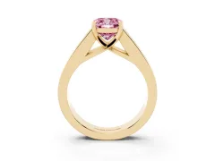 Fancy Pink Cushion Cut Diamond Solitaire Ring Set in Yellow gold with Channel-Set Accent Stones and Prong Setting