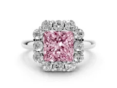 Fancy Pink Princess Cut Diamond Milgrain Halo Solitaire Ring Set in Platinum with Bezel Set Side Stones and Pavé Band