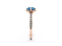 Fancy Blue Cushion Cut Diamond Solitaire Ring Set in Rose gold with Pavé Band and Floral Prong Setting
