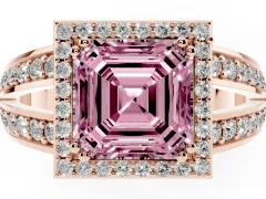 Fancy Pink Asscher Cut Diamond Halo Ring Set in Rose gold with Double Pavé Split Shank