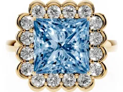 Fancy Blue Princess Cut Diamond Halo Cluster Engagement Ring Set in Yellow gold with Solitaire Band and Prong Setting