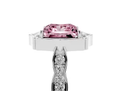 Fancy Pink Princess Cut Diamond Halo Engagement Ring Set in Platinum with Milgrain Band and Prong Setting