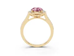 Fancy Pink Round Cut Diamond Halo Ring Set in Yellow gold with Pavé-Lined Shoulders and Prong Setting