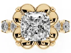 Cushion Cut Diamond Floral Halo Ring Set in Yellow gold with Shared Prong Band