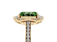 Fancy Green Emerald Cut Diamond Halo Ring Set in Yellow gold with Pavé-Lined Shoulders and Prong Setting